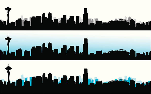 Skyline Blue Vector Silhouette A-Digit cartoon of the seattle city stock illustrations