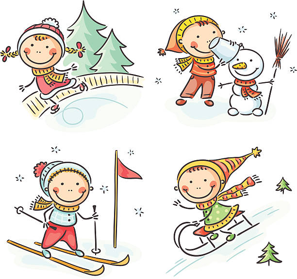 ilustraciones, imágenes clip art, dibujos animados e iconos de stock de invierno para niños - tobogganing vector winter snow