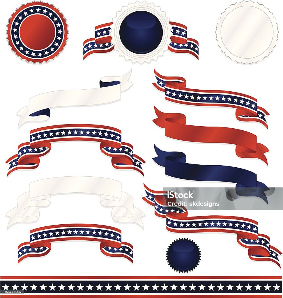 Patriótica estadounidense Emblems,, pegatinas, frontera Cintas Set rojo, blanco, azul - arte vectorial de Borde libre de derechos