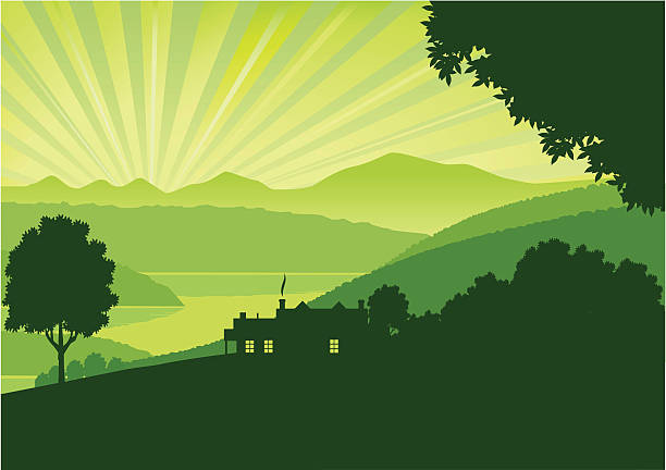 Green Morning Panorama view of a green sunrise over mountains and a lake with a farmhouse and trees in silhouette in the foreground.Don't want the sun rays? Simply click 'em off.  Art on easily edited  layers. Download also includes a large high-res jpeg. farm silhouettes stock illustrations