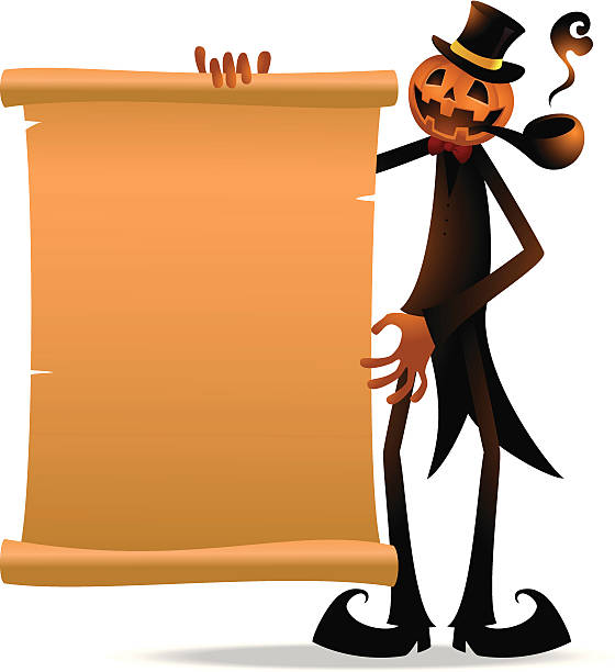 scary kürbis jack o'lantern mit papier und rohr - scroll halloween pumpkin letter stock-grafiken, -clipart, -cartoons und -symbole