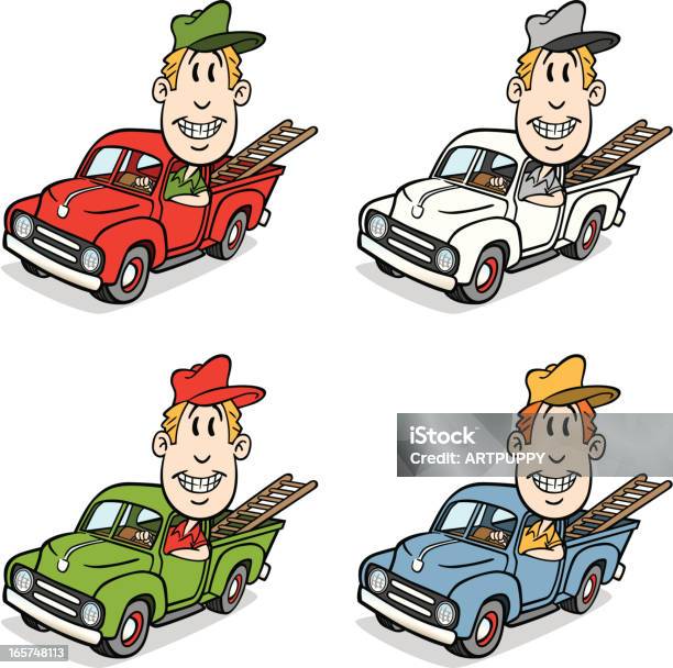 Set Of Workers In Pickups Stock Illustration - Download Image Now - Adult, Blue-collar Worker, Carpenter