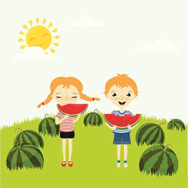 Vector illustration of Kids eating watermelon