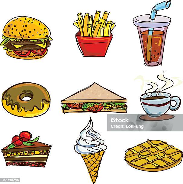 Coleção De Fastfood Cor - Arte vetorial de stock e mais imagens de Alimentação Não-saudável - Alimentação Não-saudável, Almoço, Arte Linear