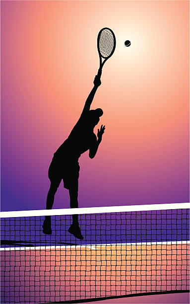 ilustraciones, imágenes clip art, dibujos animados e iconos de stock de jugador de tenis sirve de fondo - silhouette tennis competitive sport traditional sport