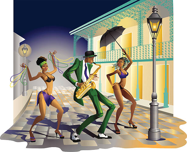 illustrazioni stock, clip art, cartoni animati e icone di tendenza di jazz di new orleans - jazz celebration dancing mardi gras