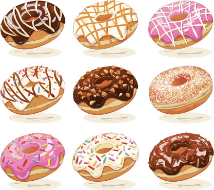 Set of hand drawn vector illustration of delicious sweet donuts with toppings of various tastes. Strokes are expanded.