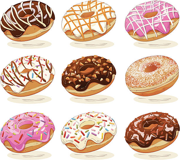 Drawing Of Sweet Donuts With Topping On White Background Set of hand drawn vector illustration of delicious sweet donuts with toppings of various tastes. Strokes are expanded. donuts stock illustrations