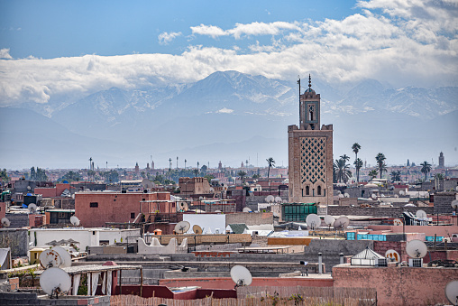Marrakech, Morocco - Feb 10, 2023: Views over the rooftop of Marrakech