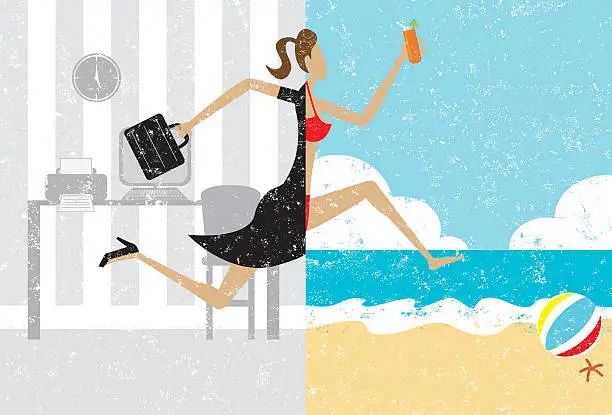 Vector illustration of Cartoon of woman leaping from office to beach