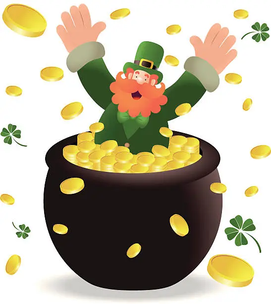 Vector illustration of St. Patrick's day: Happy Leprechaun With Pot Of Gold