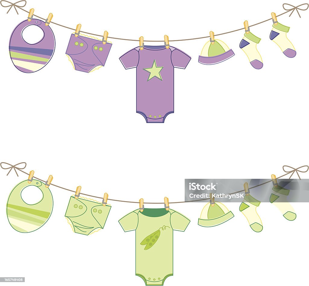 Gender Neutral Baby Clothes on Clothesline Sketchy baby clothes on clothesline in purple and green in a sketchy style. Download contains Illustrator CS3 ai, Illustrator 8.0 eps, and high-res jpeg. Clothesline stock vector