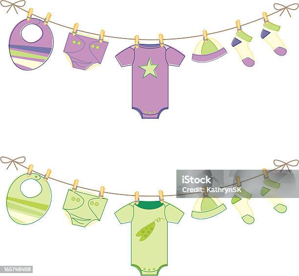 Gender Neutral Baby Clothes On Clothesline Stock Illustration - Download Image Now - Clothesline, Infant Bodysuit, Baby - Human Age