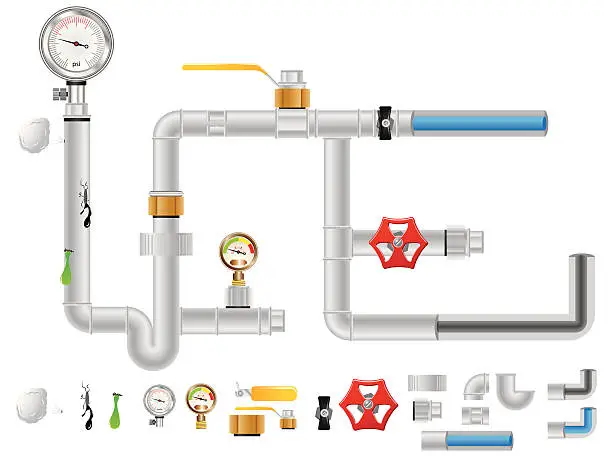 Vector illustration of Pipes, gauges and valves