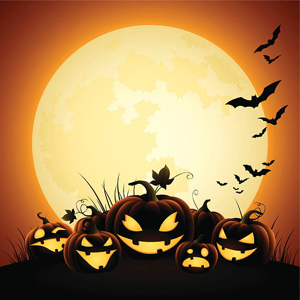 ilustraciones, imágenes clip art, dibujos animados e iconos de stock de halloween pumpkins-luz de la luna - linterna de halloween ilustraciones