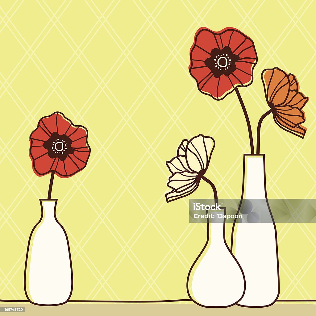 Poppy Bottles A group of poppies in white bottles on a table Flower stock vector