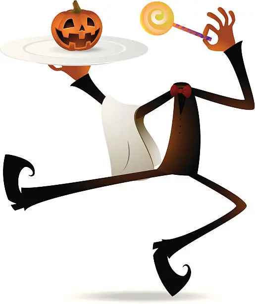 Vector illustration of Scary Pumpkin Jack O' Lantern Chef Holding Plate and Lollipop