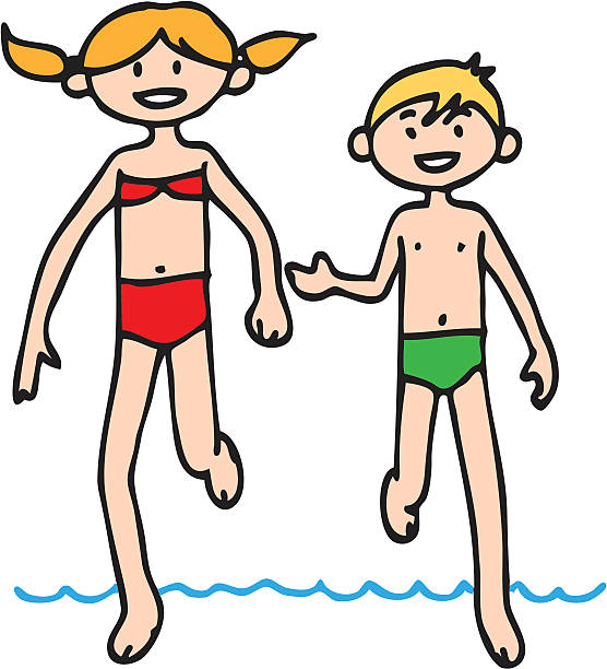 dziewczynka i chłopiec pływanie. - swimming trunks bikini swimwear red stock illustrations