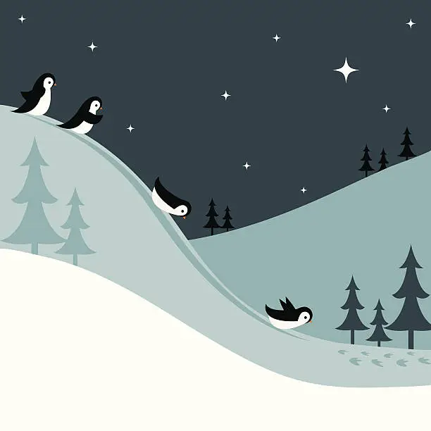 Vector illustration of Penguins Sledding Down a Snowy Hill at Night