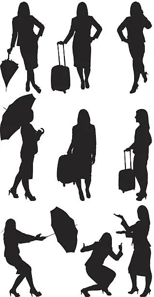 Vector illustration of Businesswomen with luggage and umbrella