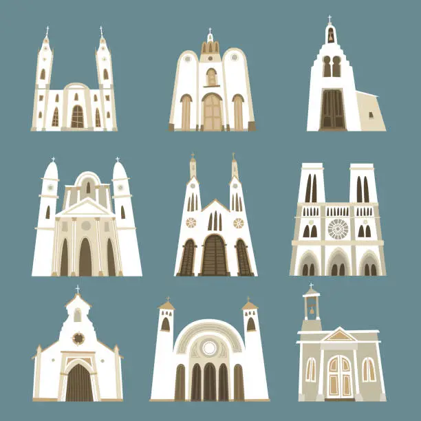Vector illustration of Church cathedral temple oratory chapel basilica sanctuary front view collection