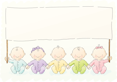5 babies holding hands holding a banner. grouped and layered for easy editing.