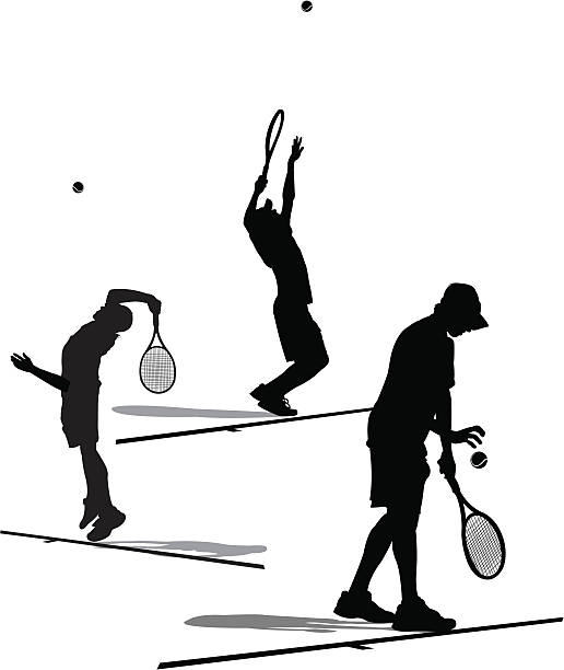 ilustraciones, imágenes clip art, dibujos animados e iconos de stock de jugador de tenis que ofrece la colección de silueta - silhouette tennis competitive sport traditional sport