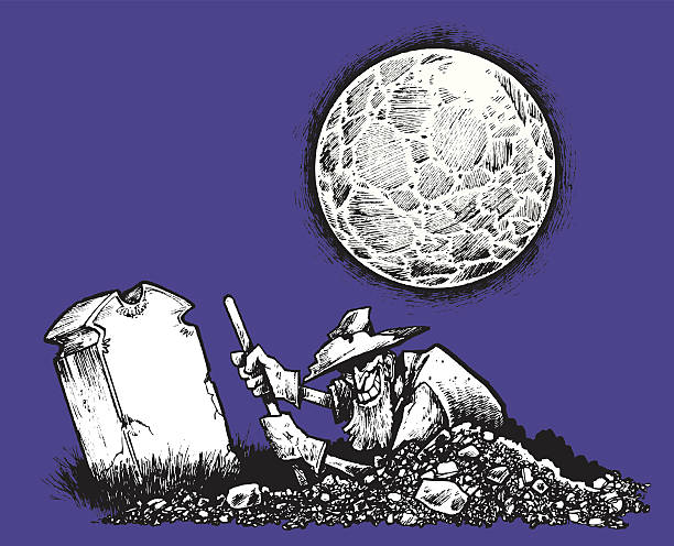 Grave Digger or Robber at Night with Full Moon Grave Digger. Pen and ink illustration of a grave digger with a full moon. Add your type to the head stone. Check out my "Halloween Horror Vector" light box for more. grave digger stock illustrations