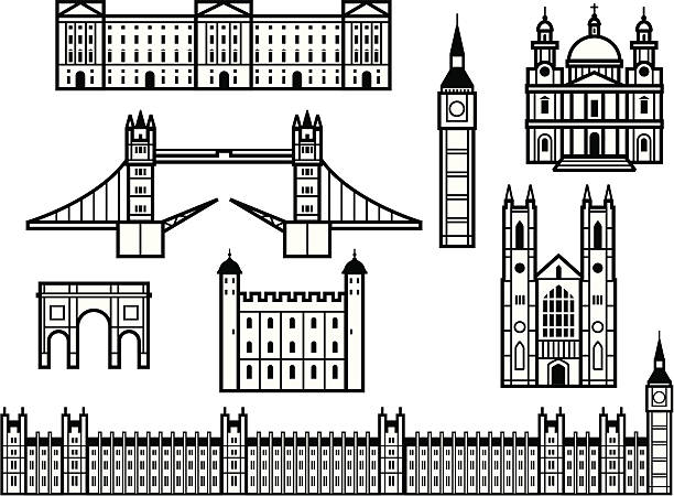 Historic London "A selection of simple icons or symbols of various famous London historic buildings, including Buckingham Place, Tower Bridge, Marble Arch, Houses of Parliament, Big Ben tower, Tower of London, Westminster Abbey and St. Pauls  cathedral. Each image is on its own layer and consists of a black line with a white fill,or black fills for windows, so should you wish to add or change color it's a simple matter." buckingham palace stock illustrations