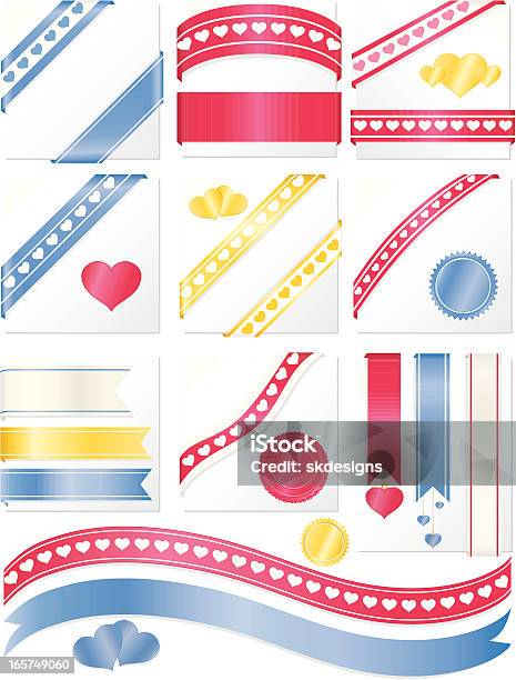 심장 디자인 코너 리본 스티커 세트를 핑크 청색 황색 백색 각도에 대한 스톡 벡터 아트 및 기타 이미지 - 각도, 공단, 그라데이션