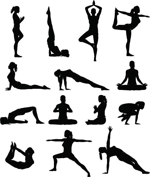 illustrazioni stock, clip art, cartoni animati e icone di tendenza di silhouette di donna yoga - yoga