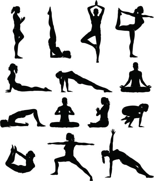 Woman yoga silhouettes Detailed silhouettes set of woman doing yoga silhouette lounge stock illustrations