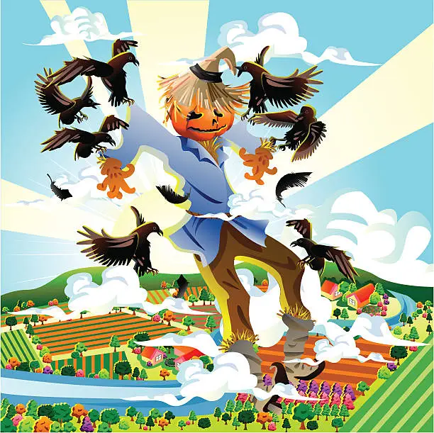 Vector illustration of Scarecrow Flying with Crow