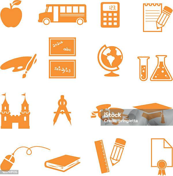 Школа Значки — стоковая векторная графика и другие изображения на тему Академическая шапочка - Академическая шапочка, Образование, Оранжевый
