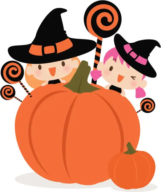 Vector illustration of Cute Witch with Lollipop and Pumpkin