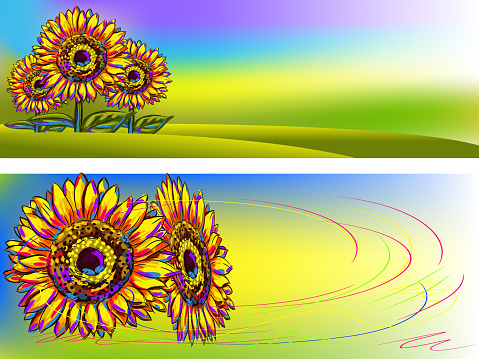 Colorful Sunflowers Banners, all elements are in separate layers and grouped.created as very artistic painterly style. Please visit my portfolio for more options. Please see more related images in these lightboxes: