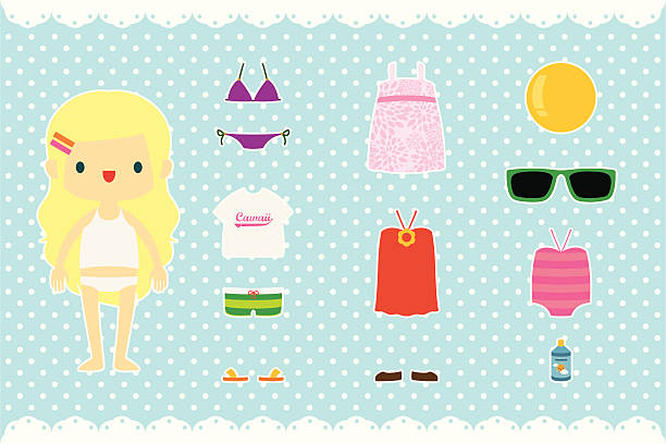 Paper Doll - Summer Stuff Vector illustration of beautiful blond girl and her summer outfits. polka dot bathing suit stock illustrations
