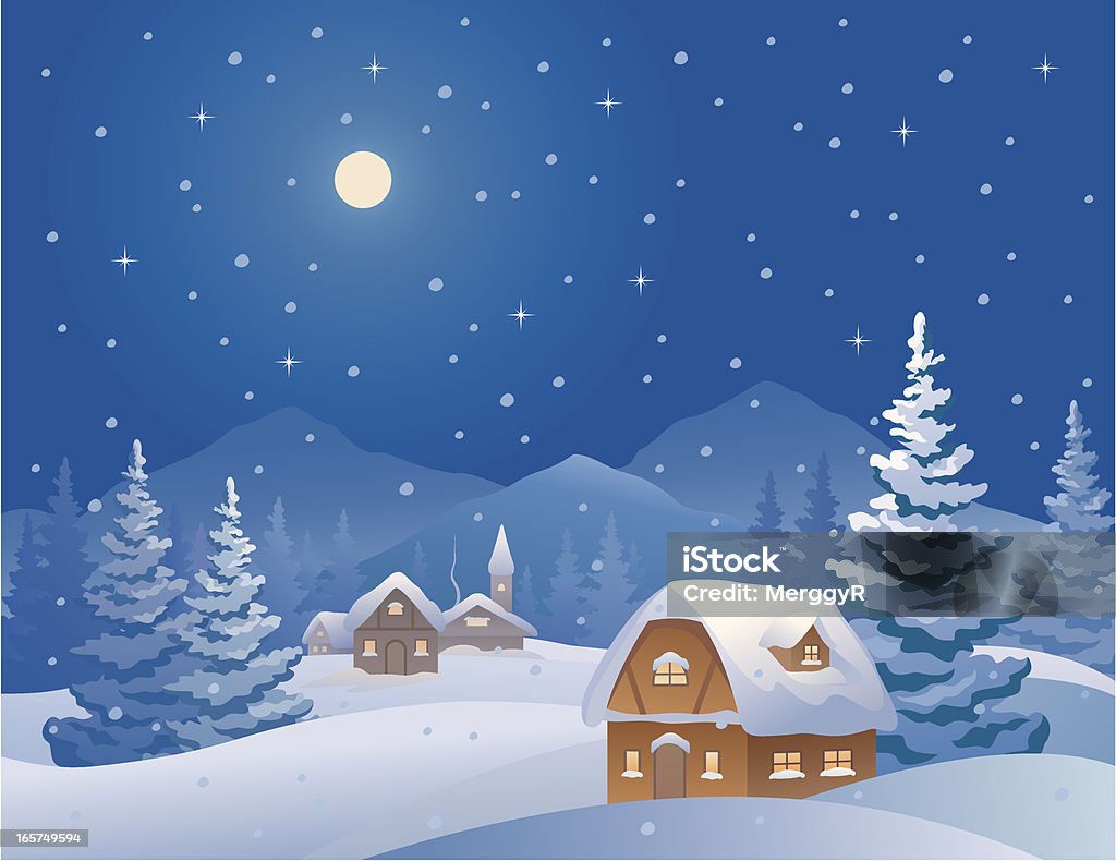 Winter mountain village Vector illustration of a Christmas night village at the mountains. Backgrounds stock vector