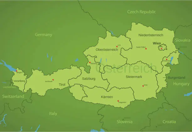 Vector illustration of Austria Map showing states