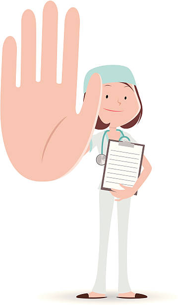 женский доктор улыбка и жестикулировать остановки жест рукой - flu virus hygiene doctor symbol stock illustrations