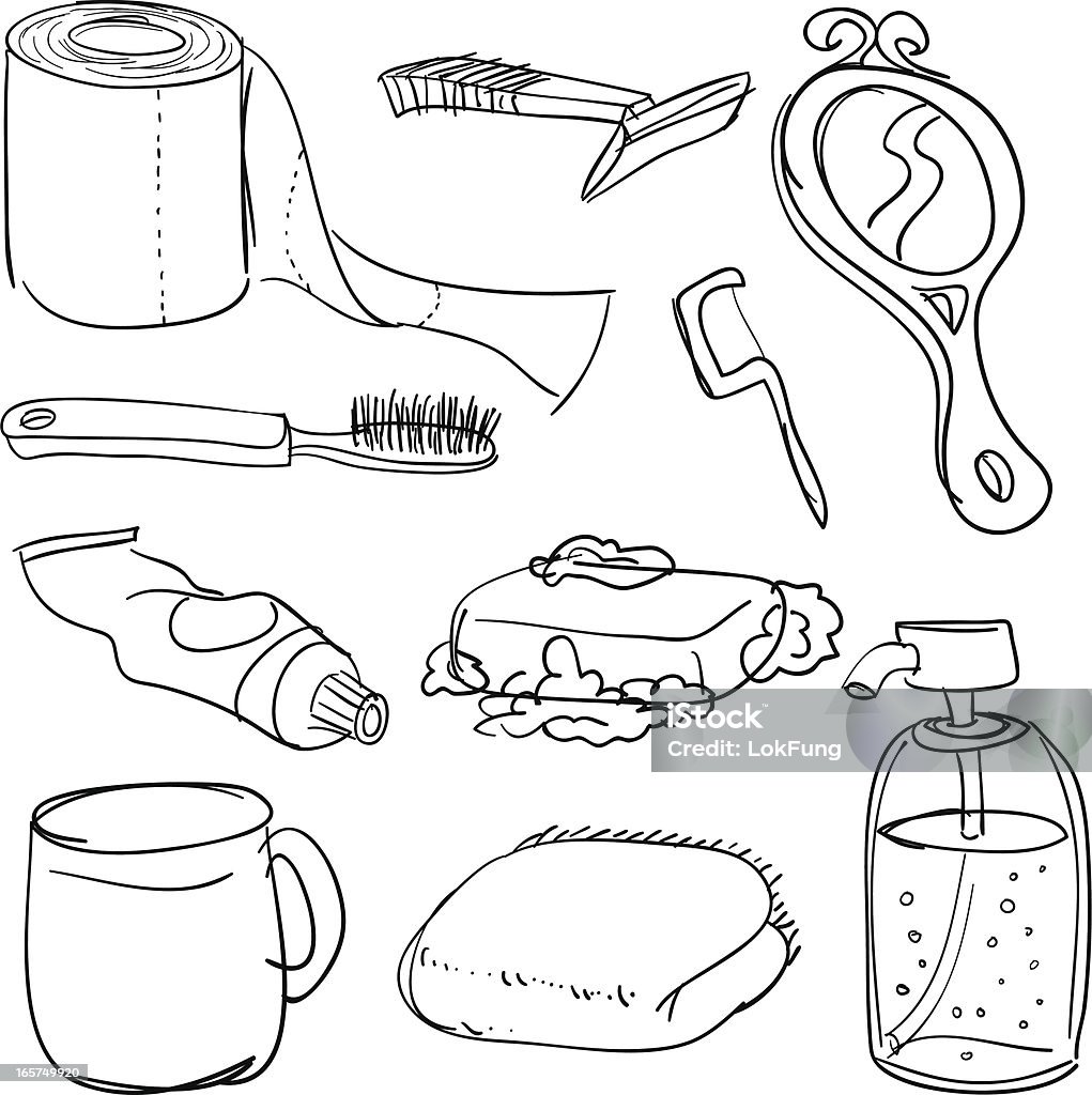 Bathroom accessories in Black and White Sketch drawing of bathroom accessories.  Soap stock vector