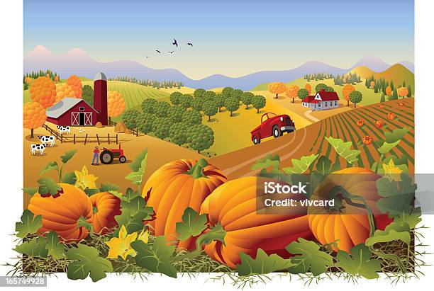 Illustration Of A Farm And Field In Autumn With Pumpkins Stock Illustration - Download Image Now