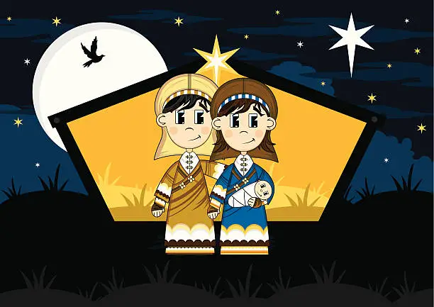 Vector illustration of Joseph & Mary at Barn by Night