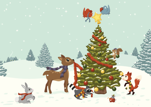 A vector illustration of various woodland creatures working together to decorate a Christmas holiday tree. All objects are grouped and layered for easy editing. Gradients and global colors used. Files included: AICS5, EPS8 and Large High Res JPG. 