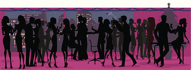 ilustraciones, imágenes clip art, dibujos animados e iconos de stock de oficina de fiesta de navidad silueta - toast party silhouette people