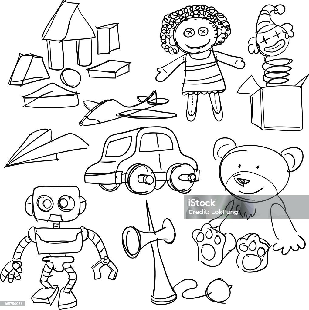 Doodles in black and white of toys collection Sketch drawing of toys.  Doll stock vector