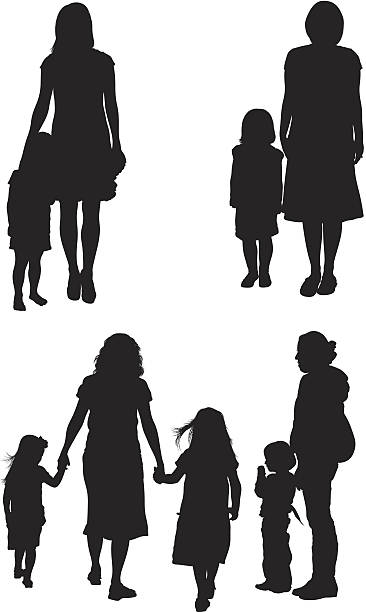 ilustrações, clipart, desenhos animados e ícones de avós com seus filhos - silhouette women black and white side view