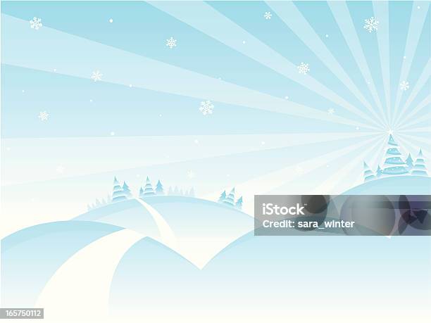 Холмистым Пейзажем С Падающие Снег И Далеко Рождественская Ёлка — стоковая векторная графика и другие изображения на тему Извилистая дорога