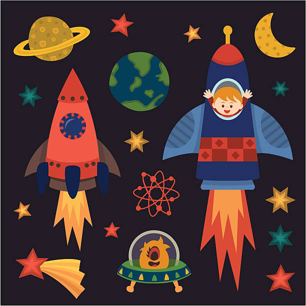 children with rocket in space a cute kid in the spaceship with varies space elements. rocketship clipart stock illustrations