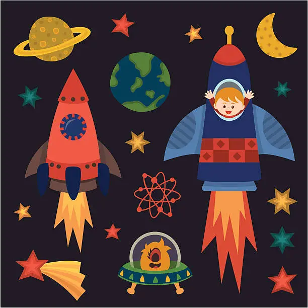 Vector illustration of children with rocket in space